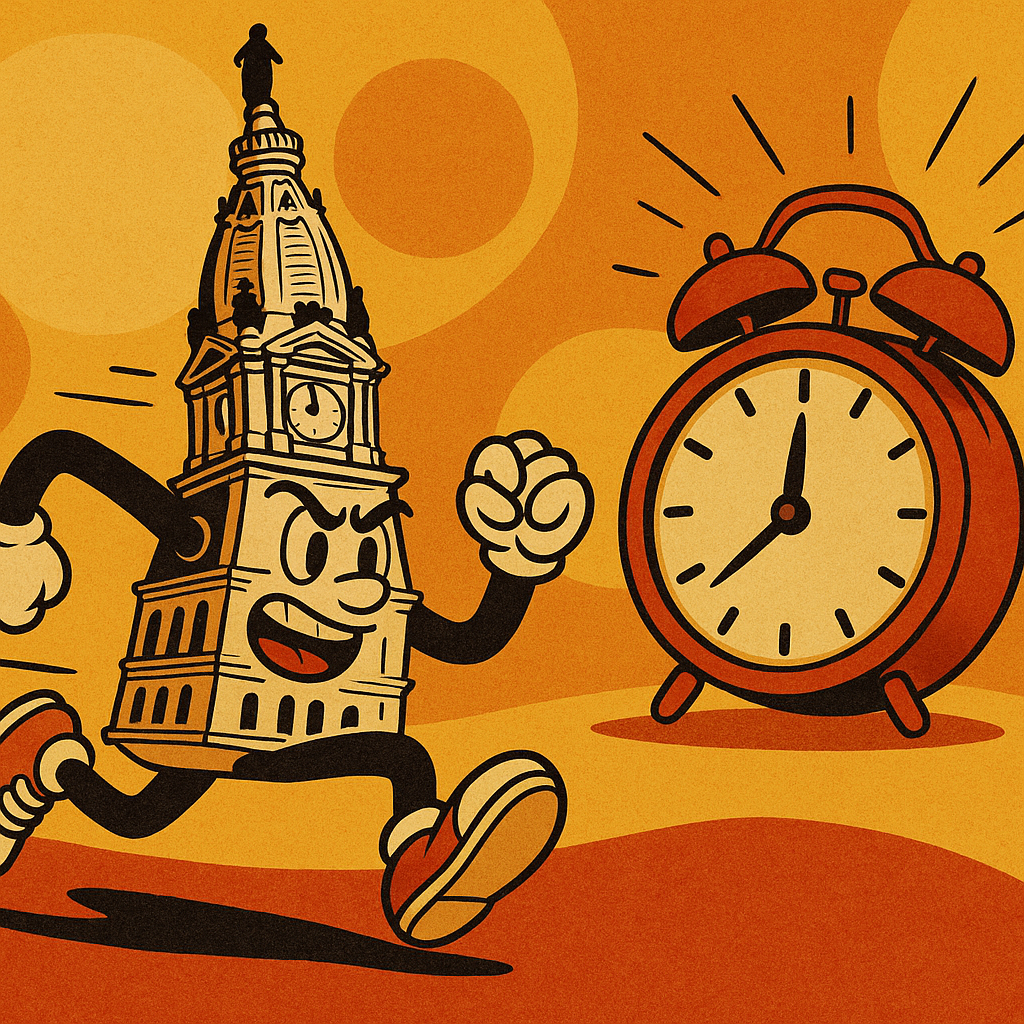 A cartoon version of Philadelphia City Hall racing against the clock to spend borrowed funds on special initiatives