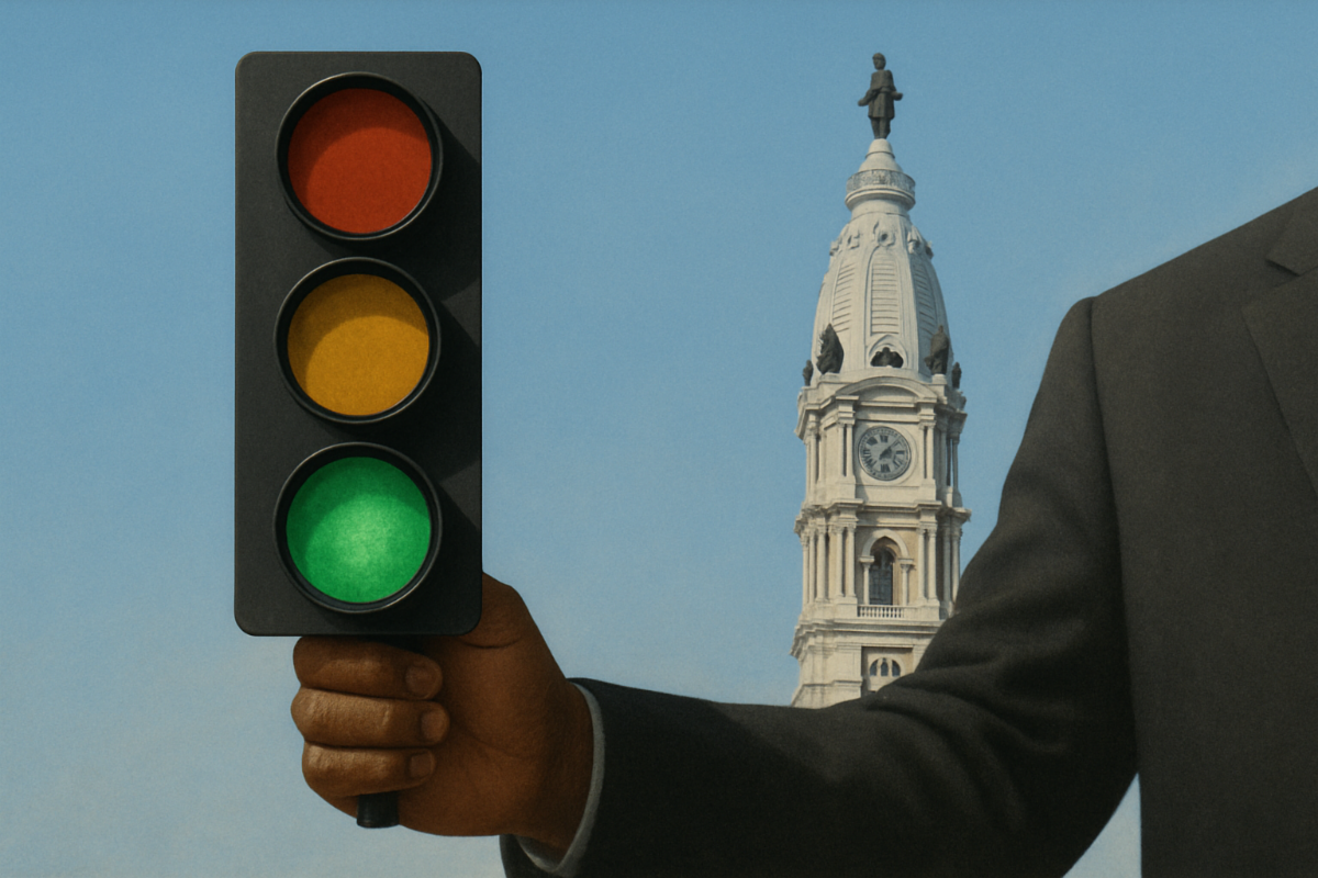 An image of a stop light in front of City Hall representing City Council's role in authorizing municipal bond issuances