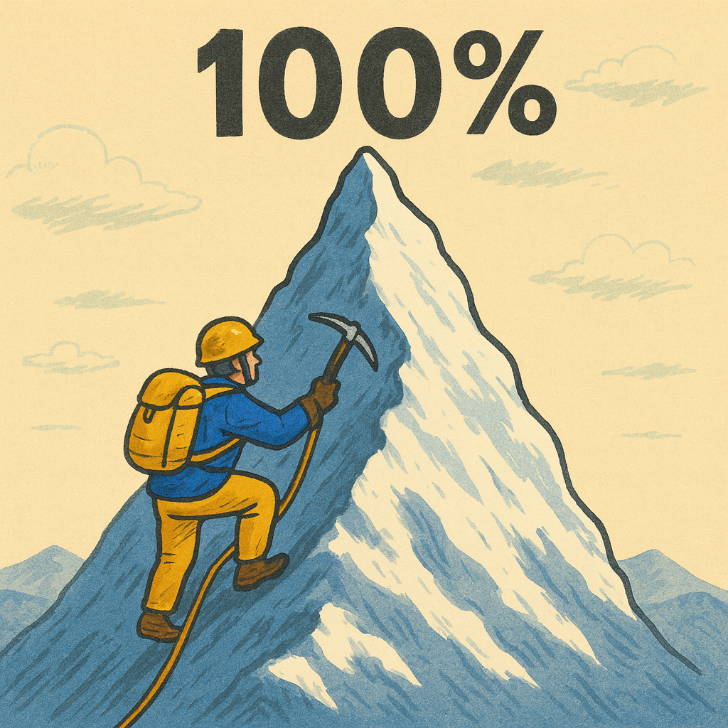 A mountaineer in Philadelphia colors nears the peak of a mountain