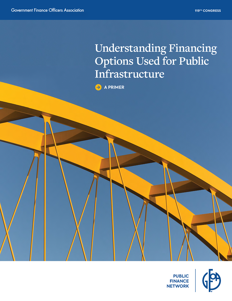 Image of a yellow bridge and blue sky on the cover of the GFOA report titled Understanding Financing Options Used for Public Infrastructure