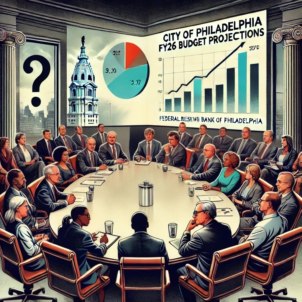 A group of economists gathered around a table discussing Philadelphia's revenue projections in a time of uncertainty