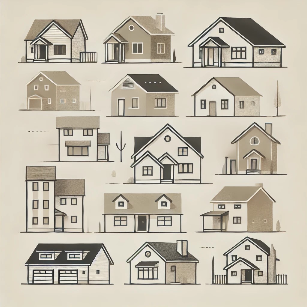A beige array of various housing types and a two car garage