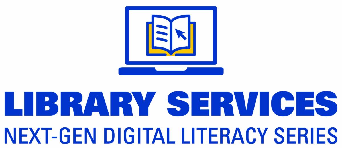 DCCC Library services Next-Gen Digital Literacy Series Logo.  Laptop PC icon with an open book on its screen with the words "Library Services Next-Gen Digital Literacy Series" below it.