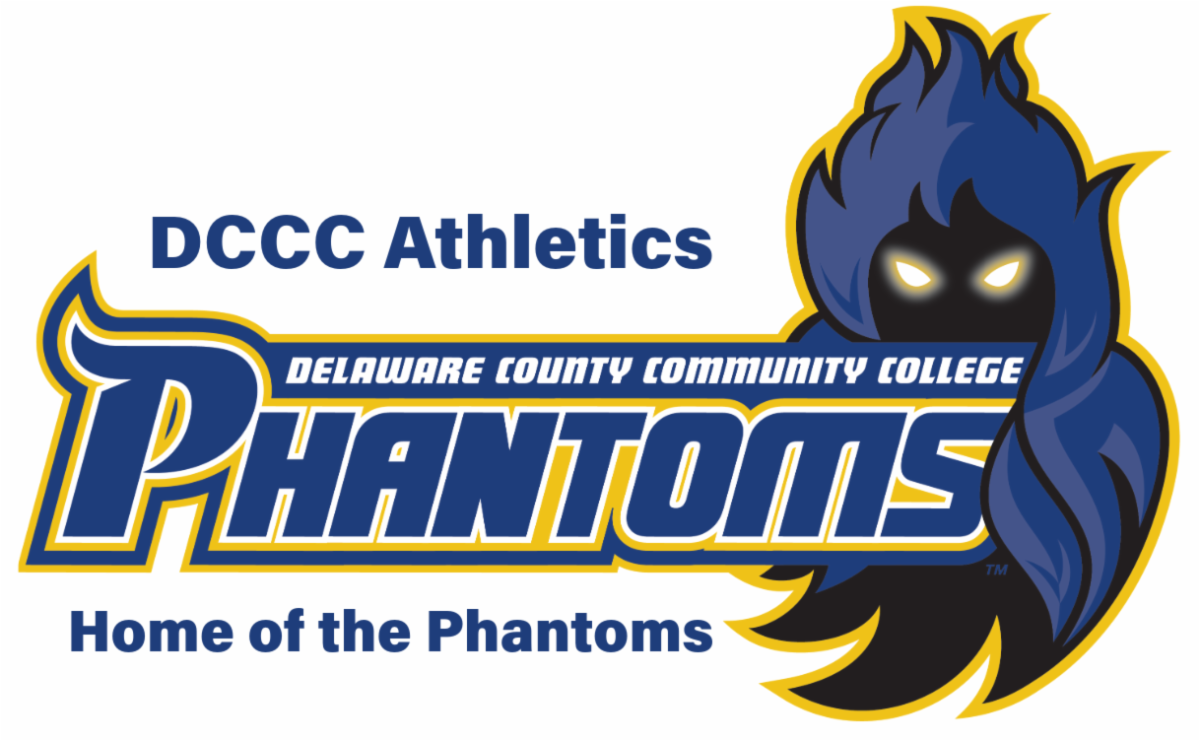 DCCC Phantom logo with the words Delaware County Community College Phantoms in purple and Yellow flanked on the right by the iconic DCCC Phantom