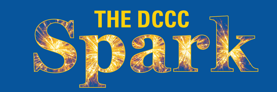 The DCCC Spark Newsletter header image with royal blue background and yellow letters that say The DCCC followed by sparkling letters that say Spark.