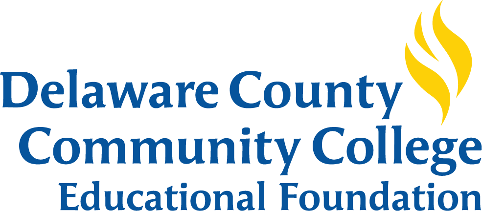 Delaware County Community College Educational Foundation logo featuring blue text and a stylized yellow flame icon.
