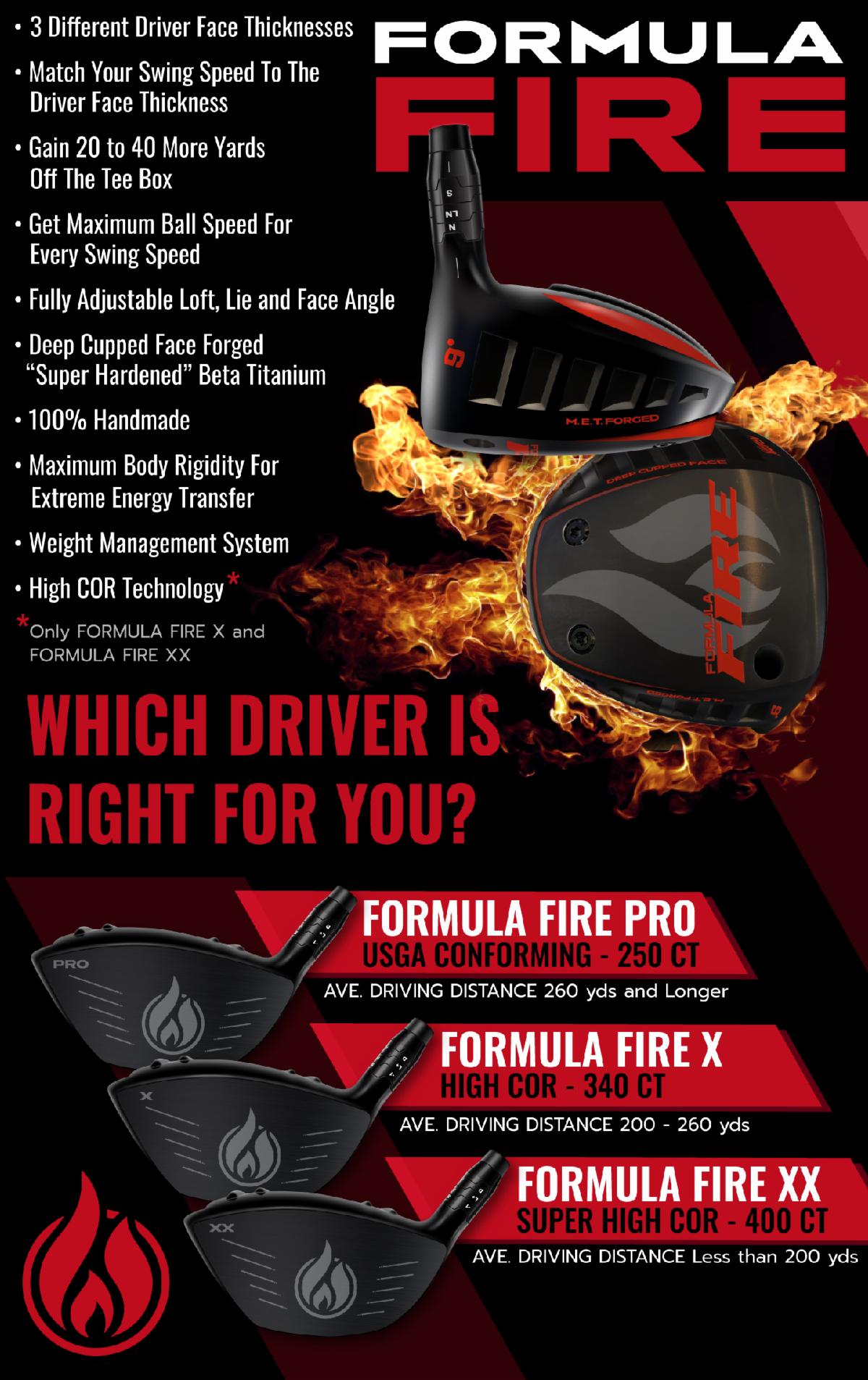 Krank Golf's New Formula Fire Drivers. Formula Fire Pro, Formula Fire X, Formula Fire XX. Click to purchase at fire.krankgolf.com Or Call (480) 699-5041 opt 1. 
