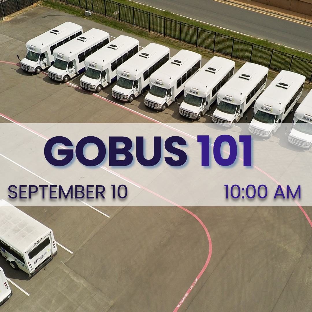 Aerial view of a row of white GO-BUS 101 transit vans parked in a lot. Text overlay: âGO-BUS 101, September 10, 10:00 AM.â  