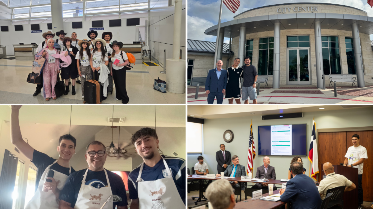Collage showing an East Texas student delegation traveling to and meeting with local officials in Longview: students at an airport, outside Longview City Center, cooking with hosts, and speaking during a City Council meeting.  