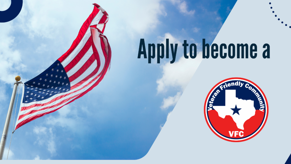 American flag waving against a blue sky beside the message âApply to become a Veteran Friendly Communityâ and the Veteran Friendly Community logo.  
