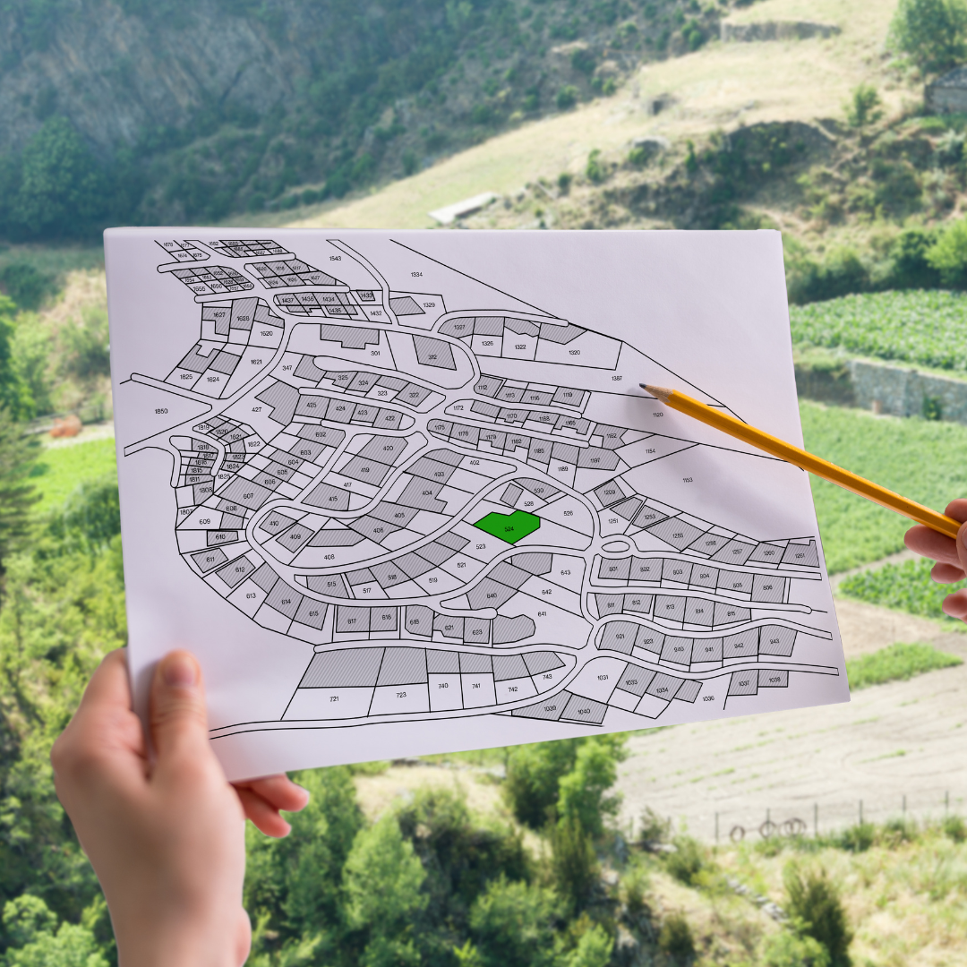 Hands hold a neighborhood parcel map with one lot highlighted in green, while a pencil points to a nearby parcel; a rural landscape is visible in the background.  