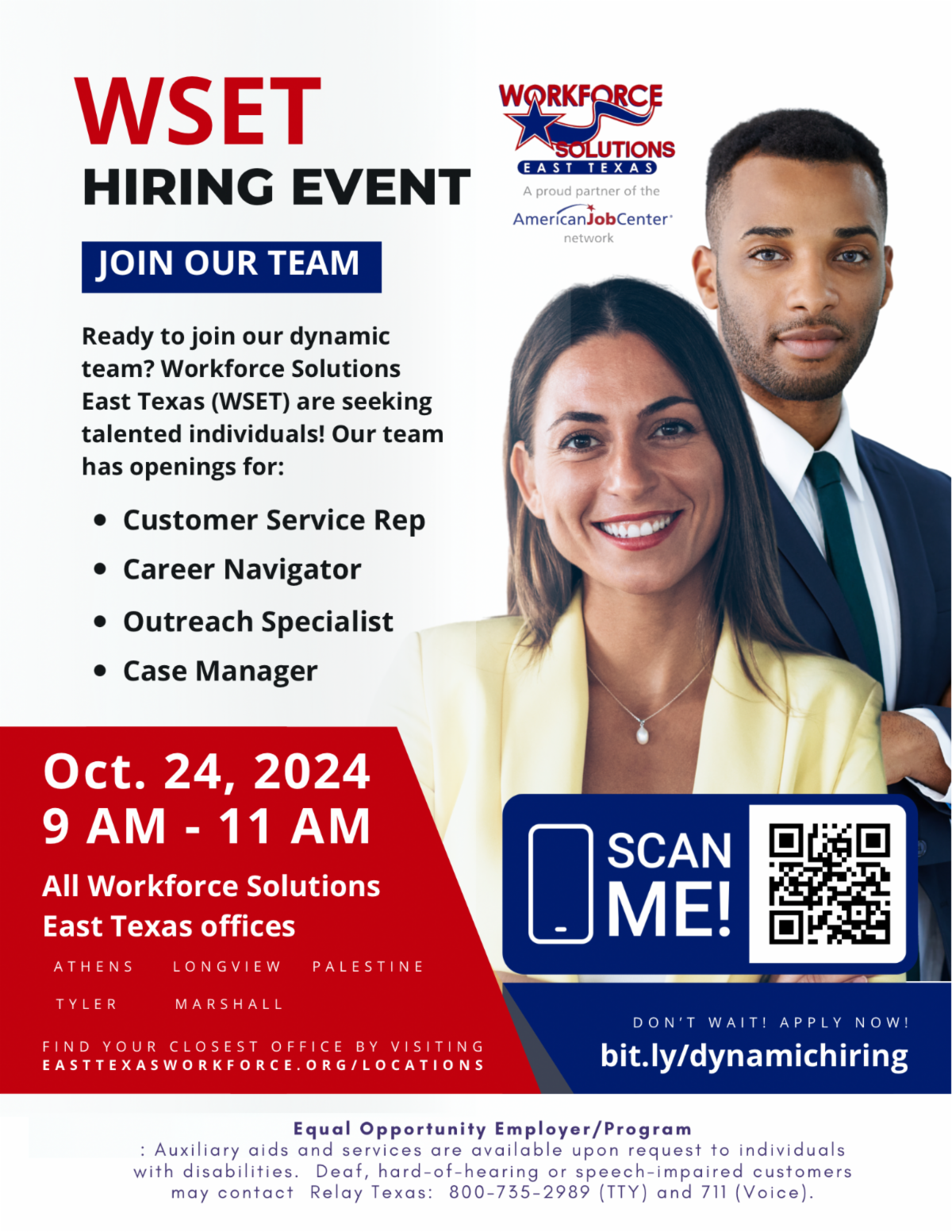 A man and woman in business attire smiling with text overlay: hiring event