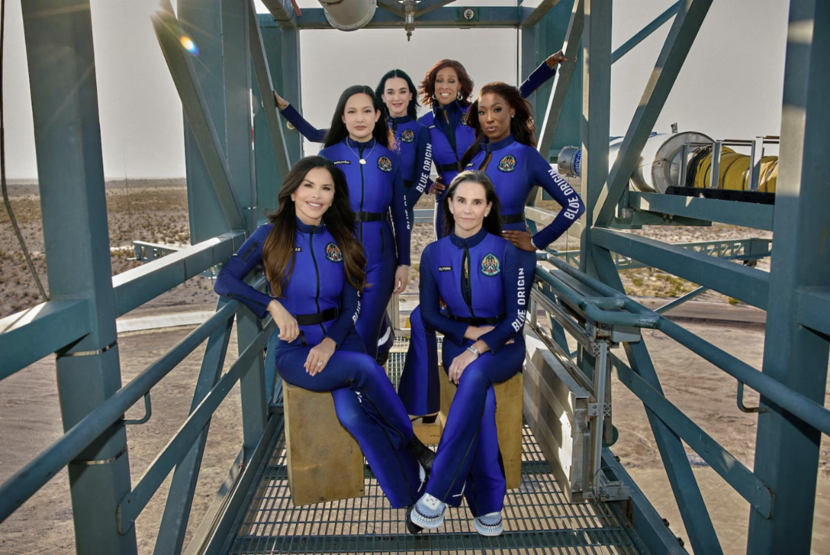 Lauren Sanchez, Amanda Nguyen, Katy Perry, Gayle King, Aisha Bowe and Kerianne Flynn posing in their space suits ahead of the all-woman sub-orbital mission aboard the New Shepard rocket. (Photo Credit: Blue Origin/AFP via Getty Images)