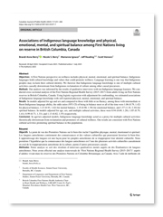 Canadian Journal of Public Health – Associations of Indigenous language knowledge and physical, emotional, mental, and spiritual balance among First Nations living on reserve in British Columbia, Canada