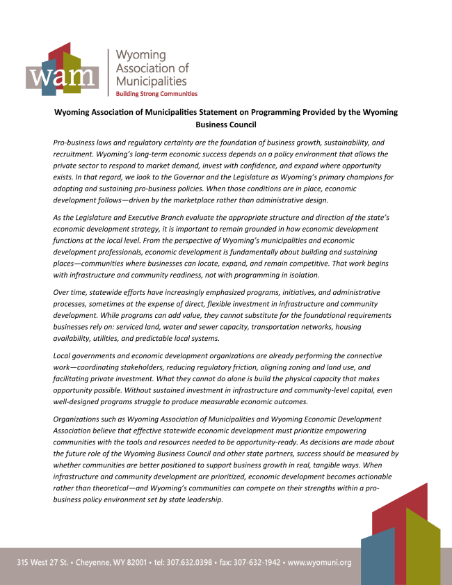 WAM Statement on Programming Provided by the Wyoming Business Council ...