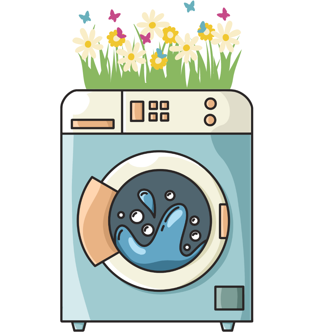 Image of a washing machine with flowers on top