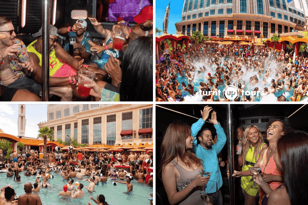 Collage of Las Vegas nightlife with party bus groups celebrating and packed pool party scenes at top Strip venues