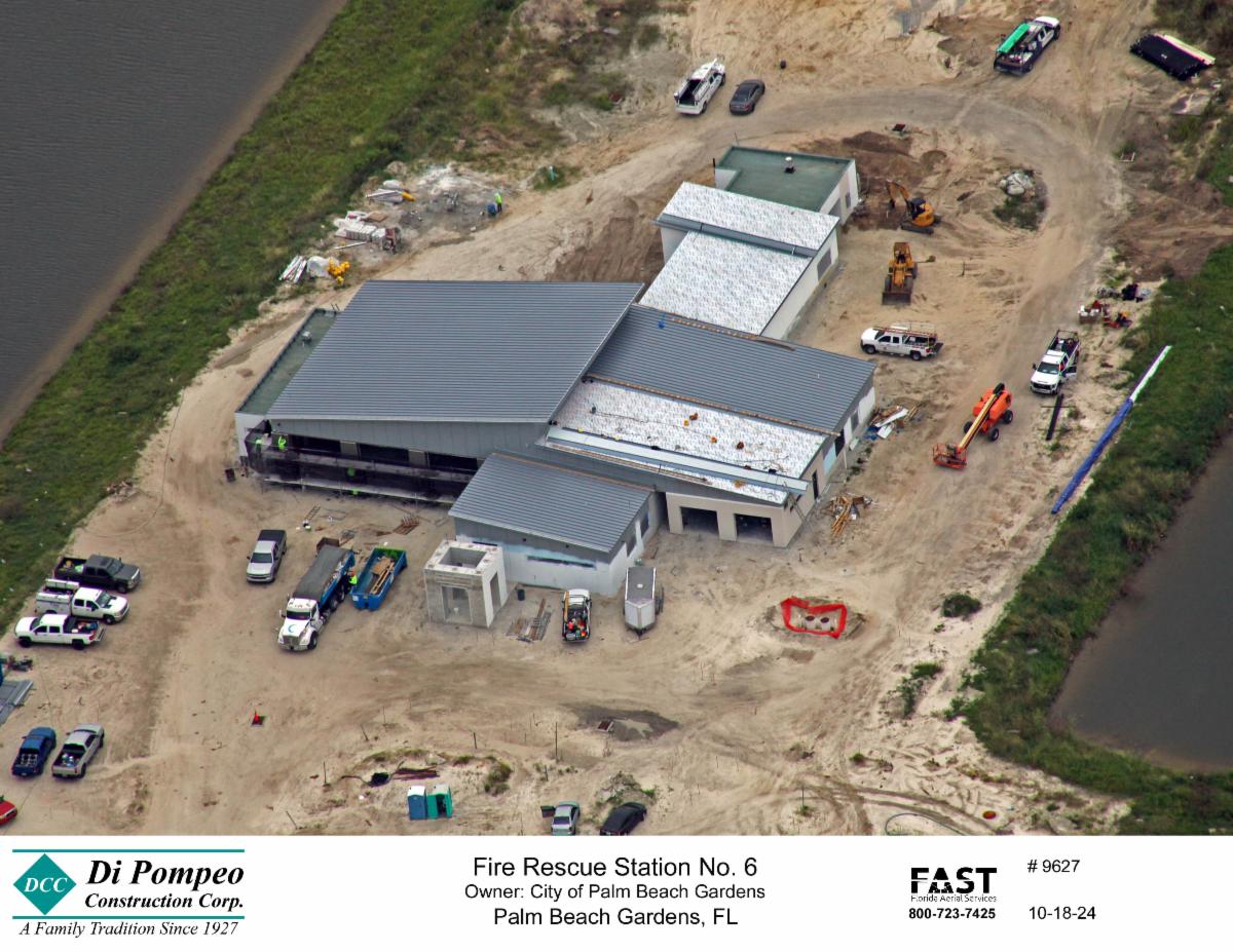 Drone picture showing an aerial view of construction happening at Palm Beach Gardens Fire Station 6.