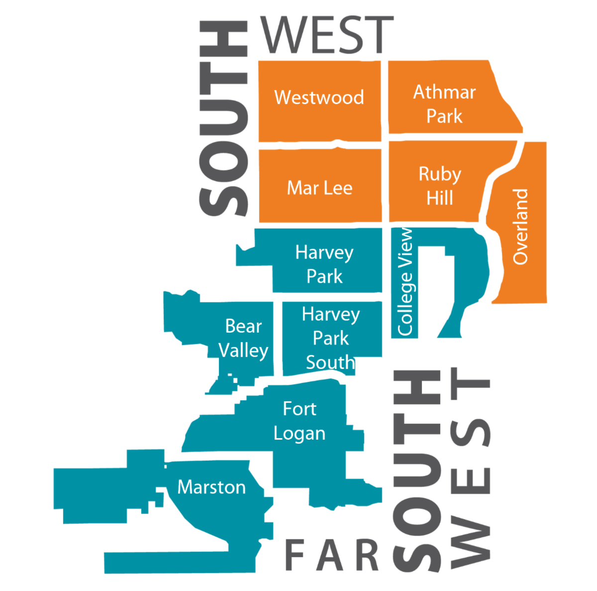 Map showing the neighborhoods in the Southwest and Far Southwest area plans.