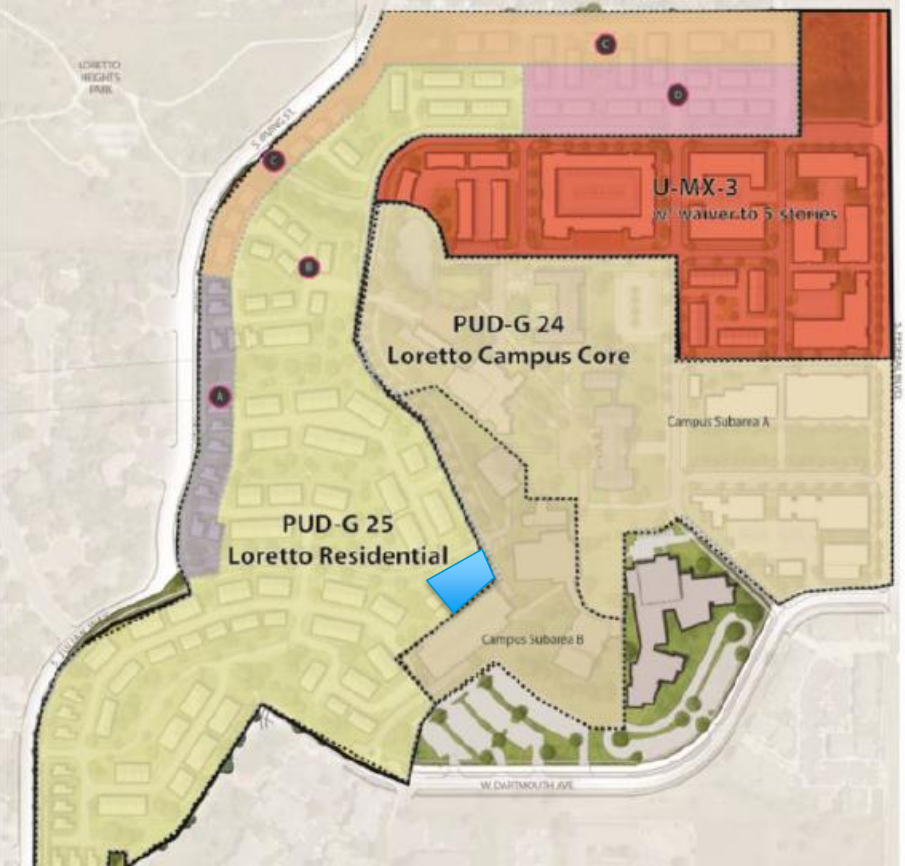 Map showing the area to be rezoned at the Loretto Heights theater. 