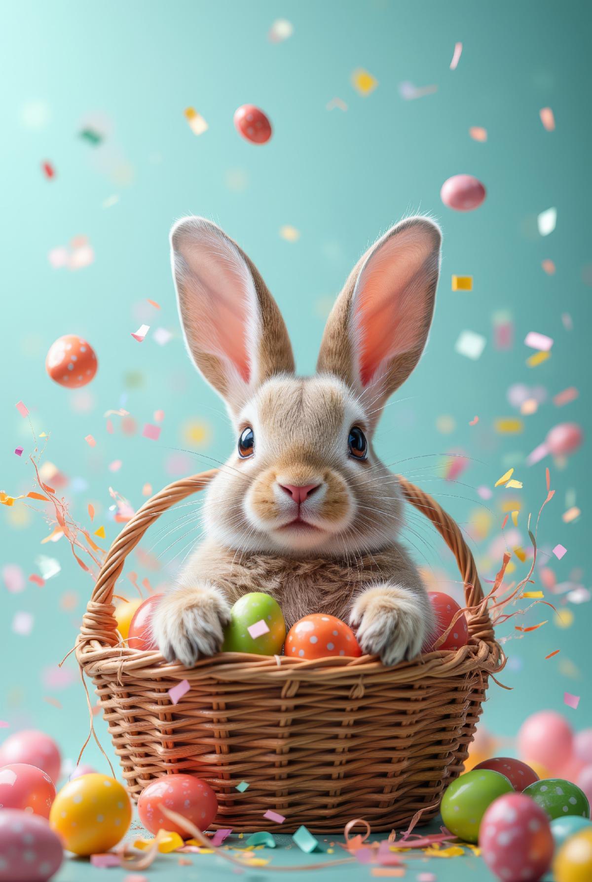 Easter bunny in a basket with colored eggs