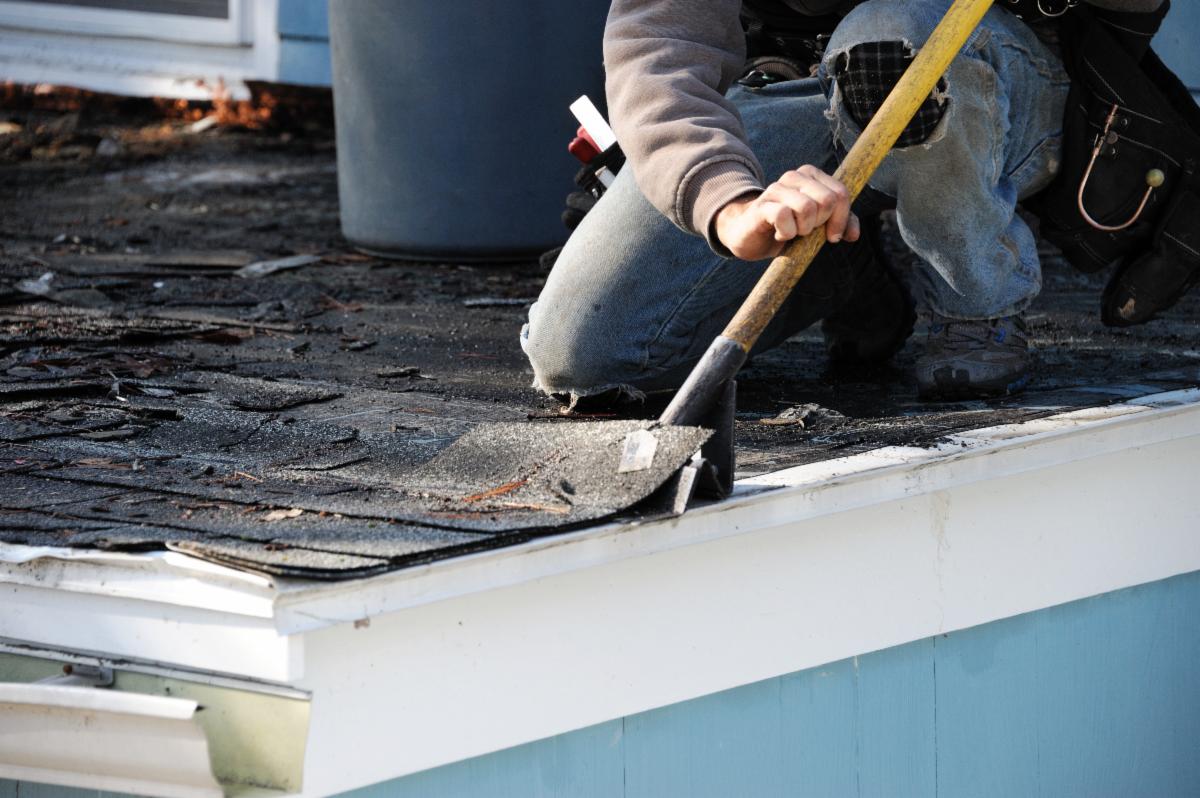 Man scraping shingles off a roof.