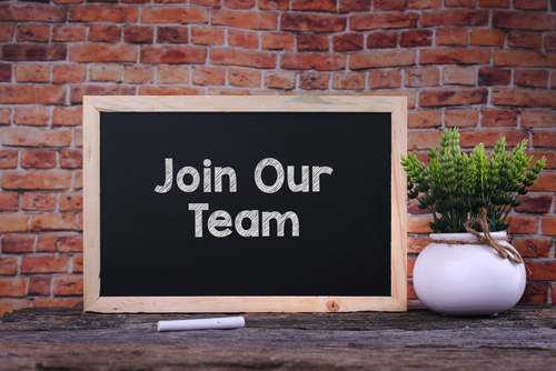 Join Our Team word on blackboard with green plant