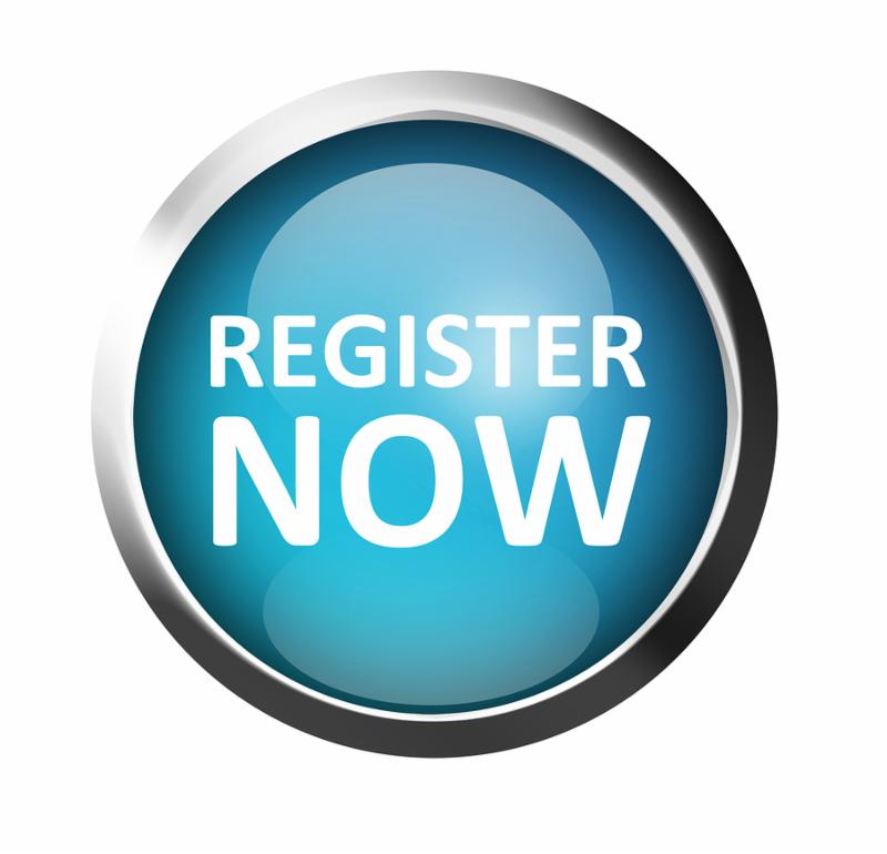 Blue button with chrome frame over white background. Register now