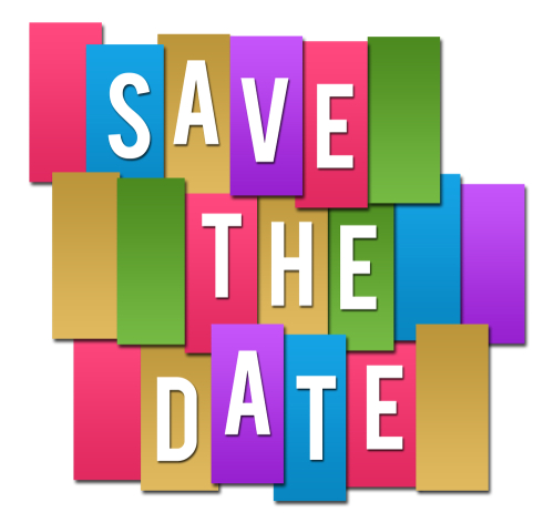 Save the date text written over colorful background.