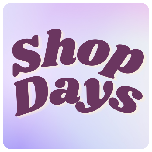 "Shop Days" in bubble font; purple motif