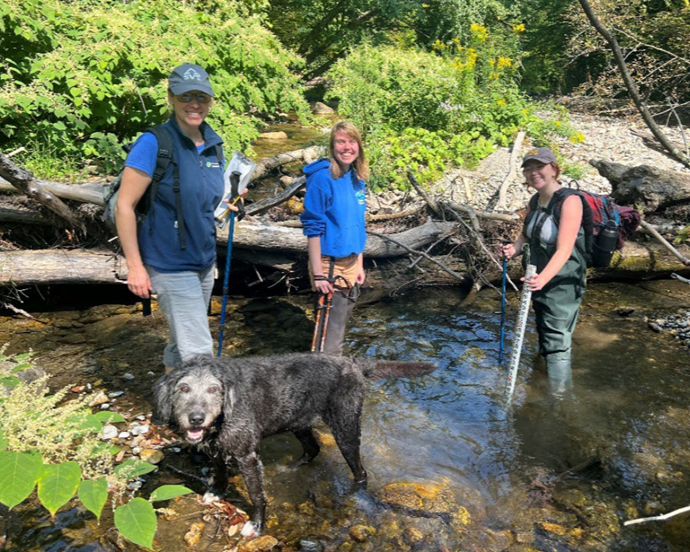 Three people monitoring a stream