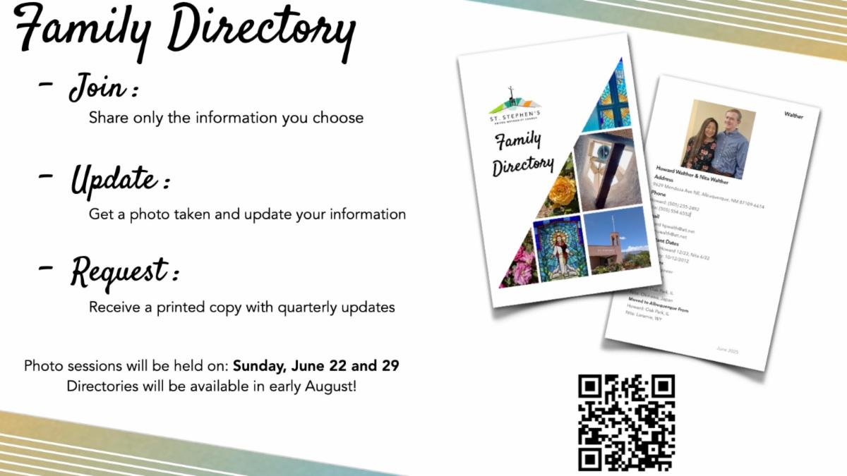 Family Directory slide with information about being included in the directory and upcoming important dates