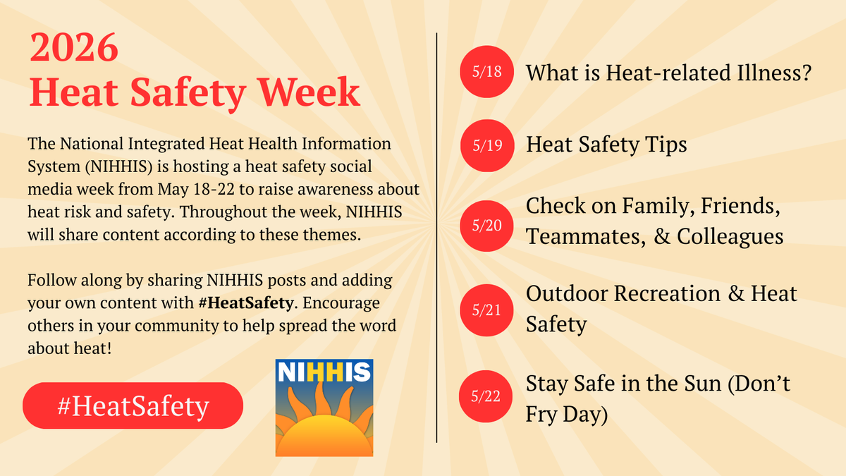 Promotional graphic for 2026 Heat Safety Week, hosted by NIHHIS from May 18-22, detailing daily themes like Heat-related Illness, Safety Tips, checking on others, outdoor safety, and staying safe in the sun. Includes the hashtag #HeatSafety and the NIHHIS logo.