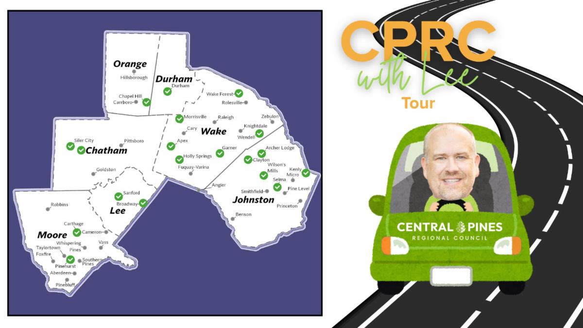 A map of the CPRC region on a purple background, next to a cartoon of Lee Worsley driving a green car