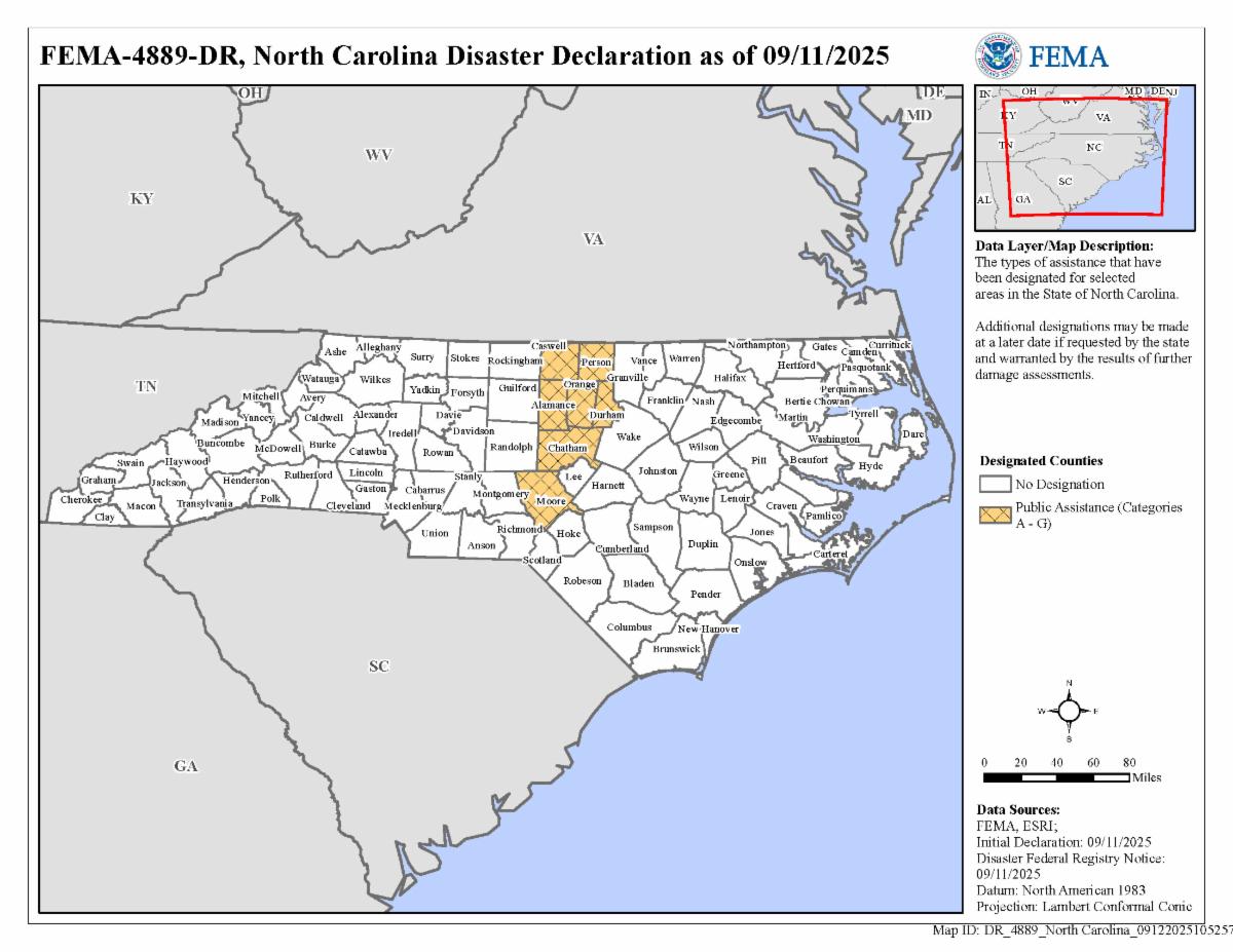 Map of North Carolina with Caswell, Person, Alamance, Orange, Durham, Chatham, and Moore counties highlighted