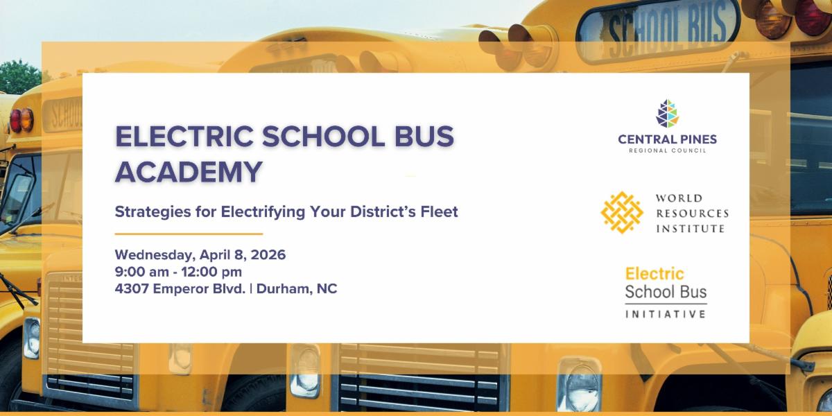 Banner with "Electric School Bus Academy" with school bus image in the background