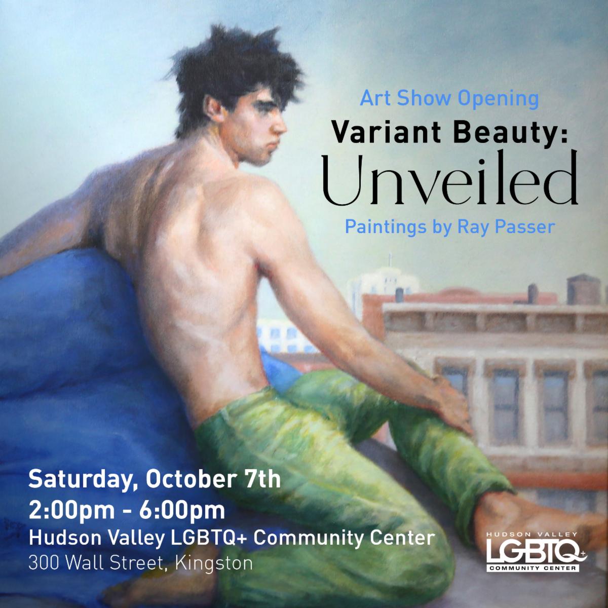 Art Show Opening: Variant Beauty Unveiled event description with an art piece of an individual sitting on a blue chair wearing green pants.