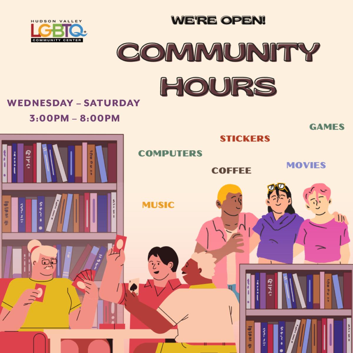 Community Hours at the Center program details with illustrations of individuals sitting and hanging out.