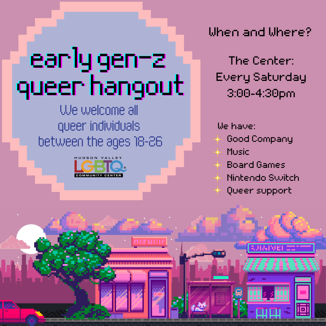 Early Gen-Z Queer Hangout program description with pixelated illustrations of storefronts, a tree, the sky and clouds.