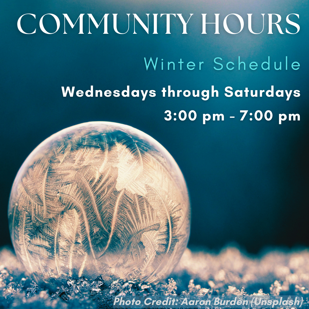 Community Hours program details with an image of a frozen sphere on top of small sparkling ice pieces.