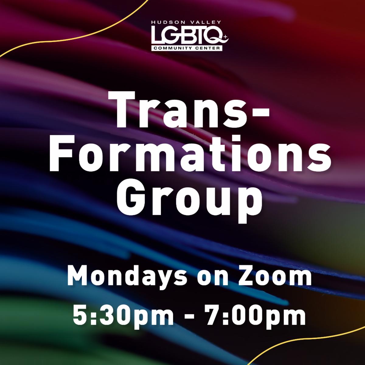 Trans-Formations Group program Time and Day on a background of multicolored wavy lines.