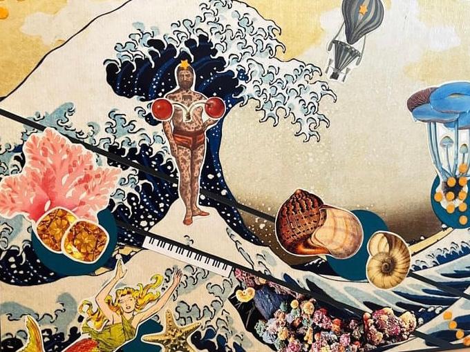 Collage artwork from Kade Freidman, to be displayed in the upcoming Art Show Opening. Displays a background of a large wave, miscellaneous sea shells and objects. 