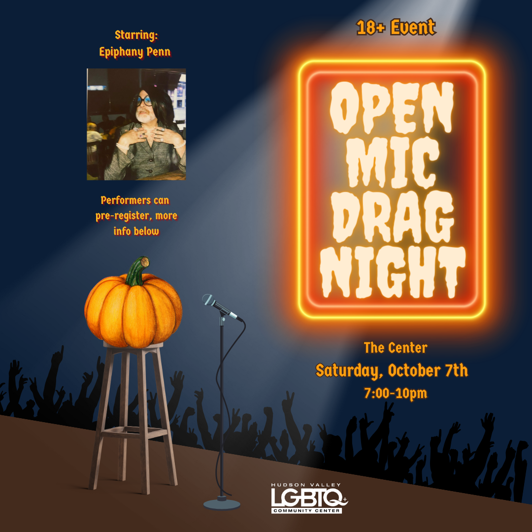 Open Mic Drag Night event details with a graphic of a pumpkin on a stool in front of a microphone and a photo of Epiphany Penn.