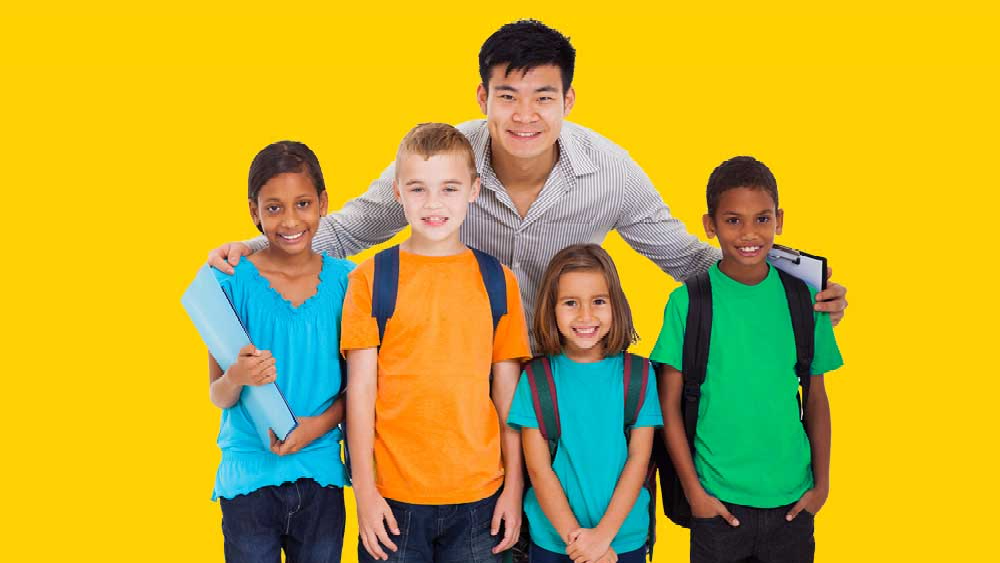 Standing Together is a toolkit for bullying prevention, represented by a teach with diverse students.