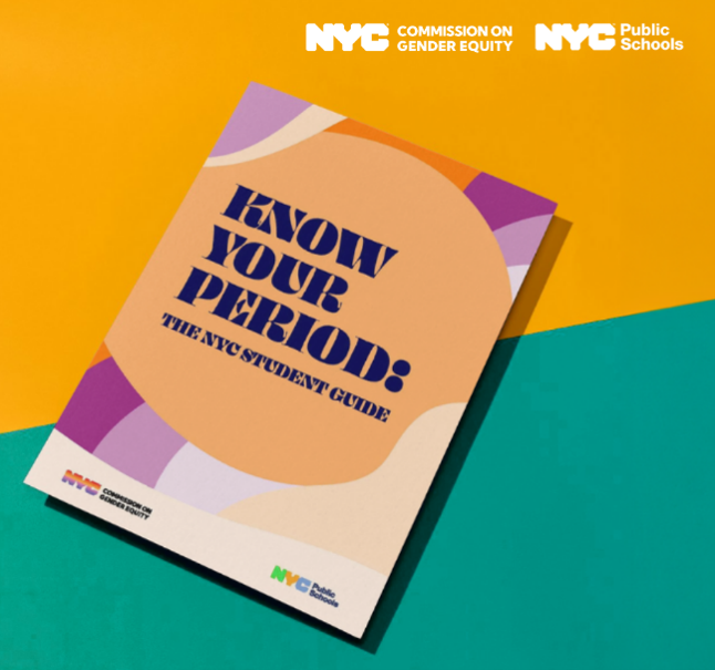 Photograph of a guide titled “Know Your Rights: The NYC Student Guide,” presented by NYC Commission on Gender Equity and NYC Public Schools. A geometric design features agency logos and a bold cover title.