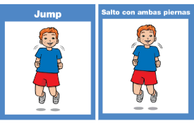 Illustration of a child in a blue tee shirt and red shorts jumping off the ground. Text on left illustration reads Jump. Text on right illustration reads Salto con ambas piernas..