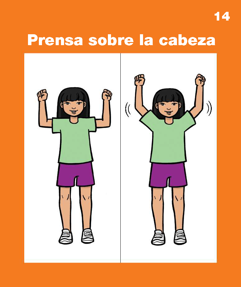 Illustration of two students in shorts raising arms above heads, with title "Prensa sobre la cabeza"