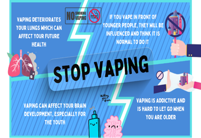 Blue poster with anti-vaping text and pictures
