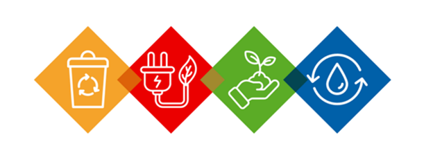 Logo for Climate Action Days, with four colored diamond shapes holding line illustrations of a recyclable cup, an electrical plug, a hand holding a plant, and a drop of water.