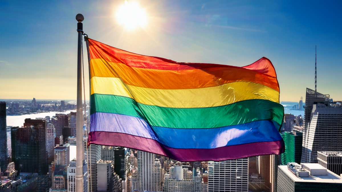 Photo of Manhattan skyline looking south toward New York Harbor, with Pride flag in foreground.